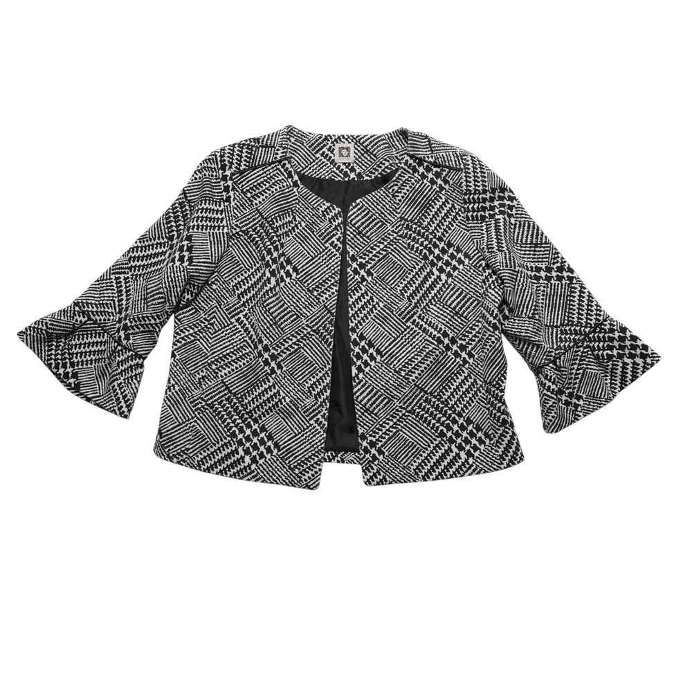 Anne Klein Blazer Womens Large Black White‎ Abstract Open Front Leather Trim